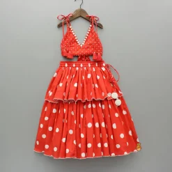 Outlet Red Dot Printed Tie Up Strap Top And Layered Lehenga Ethnic Wear | Lehengas & Ghagras