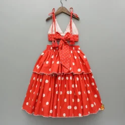 Outlet Red Dot Printed Tie Up Strap Top And Layered Lehenga Ethnic Wear | Lehengas & Ghagras