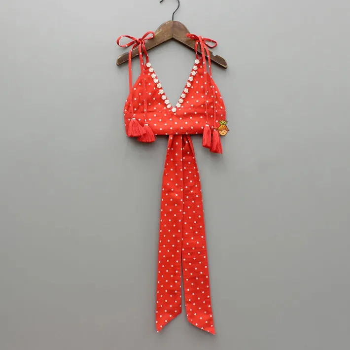 Outlet Red Dot Printed Tie Up Strap Top And Layered Lehenga Ethnic Wear | Lehengas & Ghagras