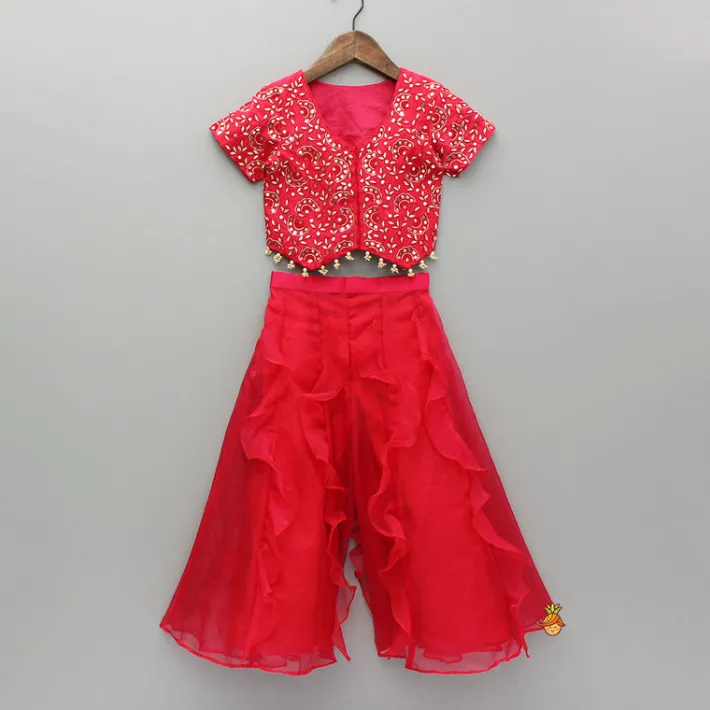Best Red Embroidered And Embellished Top With Ruffled Palazzo Ethnic Wear | Palazzos & Shararas