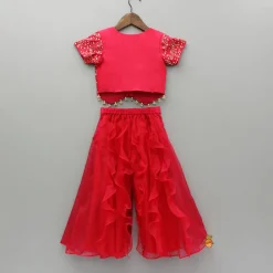 Best Red Embroidered And Embellished Top With Ruffled Palazzo Ethnic Wear | Palazzos & Shararas