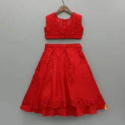 Hot Red Embroidered Top And Cutwork Embroidered Lehenga Ethnic Wear | Lehengas & Ghagras