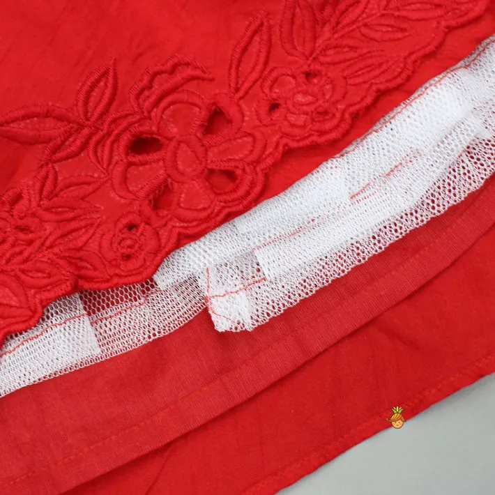 Hot Red Embroidered Top And Cutwork Embroidered Lehenga Ethnic Wear | Lehengas & Ghagras