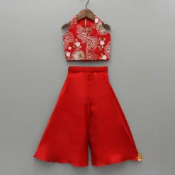 Best Red Embroidred Halter Neck Top With Flared Palazzo Ethnic Wear | Palazzos & Shararas