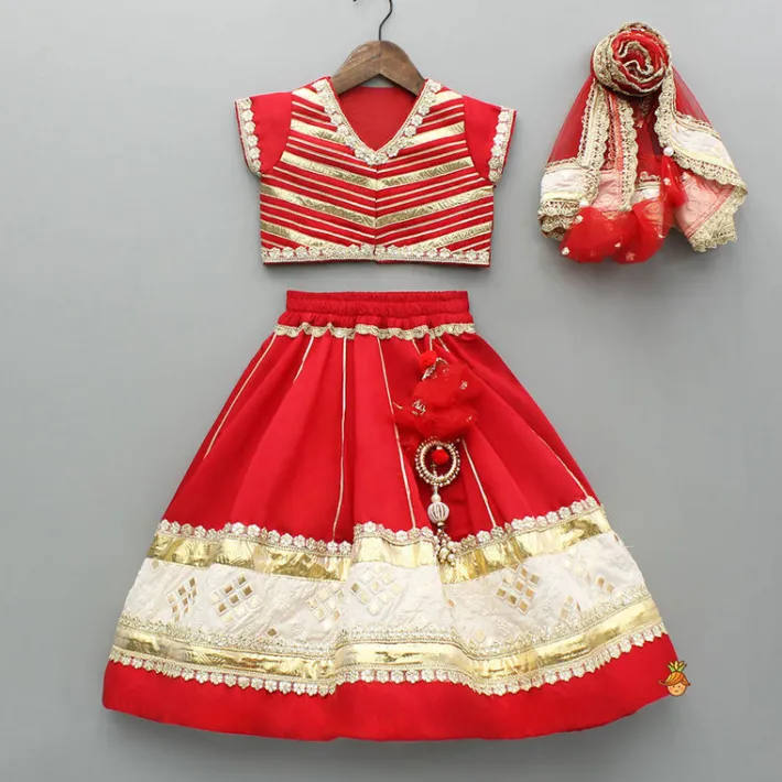 Discount Red Gota Lace Work Embroidered Top And Lehenga With Dupatta Ethnic Wear | Lehengas & Ghagras