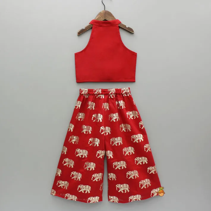 New Red Halter Neck Top And Elephant Print Palazzo Ethnic Wear | Palazzos & Shararas