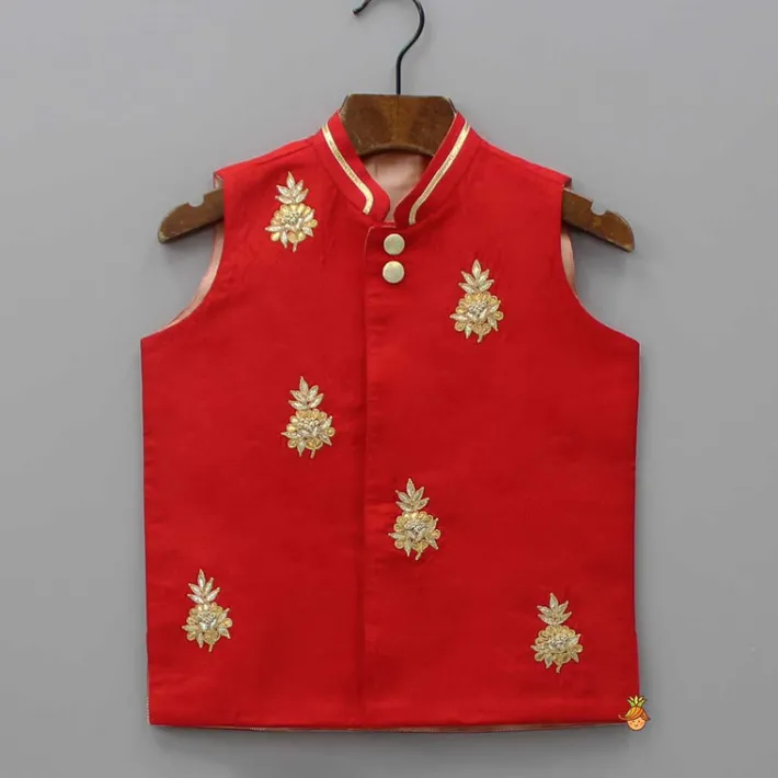 Discount Red Jacket With Gota Work Patch And Kurta With Pyjama BOY Indian Ethnic Wear | Ethnic Sets