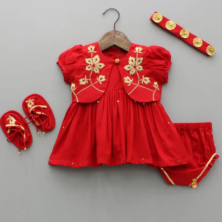 Online Red Jamna With Embroidered Jacket Set Ethnic Wear | Kurtis & Jumpsuits