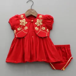 Online Red Jamna With Embroidered Jacket Set Ethnic Wear | Kurtis & Jumpsuits