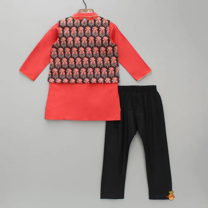 New Red Kurta And Printed Jacket With Pyjama BOY Indian Ethnic Wear | Ethnic Sets