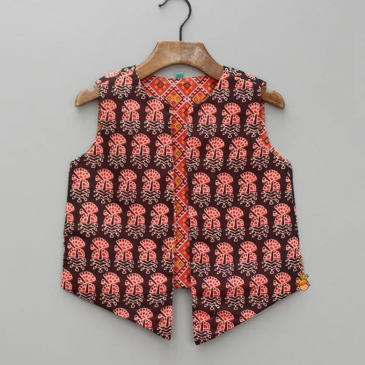 New Red Kurta And Printed Jacket With Pyjama BOY Indian Ethnic Wear | Ethnic Sets