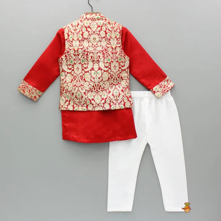 Best Red Kurta With Brocade Jacket And Pyjama BOY Indian Ethnic Wear | Ethnic Sets