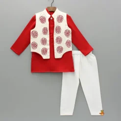 Sale Red Kurta With Embroidered Front Open Jacket And Pyjama BOY Indian Ethnic Wear | Ethnic Sets