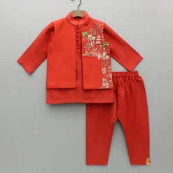 Sale Red Kurta With Embroidered Front Open Jacket And Pyjama BOY Indian Ethnic Wear | Ethnic Sets