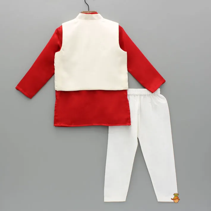 Sale Red Kurta With Embroidered Front Open Jacket And Pyjama BOY Indian Ethnic Wear | Ethnic Sets