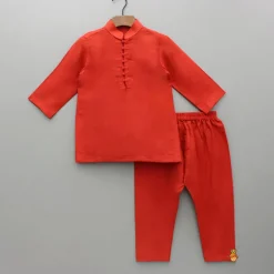 Sale Red Kurta With Embroidered Front Open Jacket And Pyjama BOY Indian Ethnic Wear | Ethnic Sets