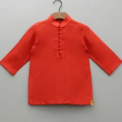 Sale Red Kurta With Embroidered Front Open Jacket And Pyjama BOY Indian Ethnic Wear | Ethnic Sets