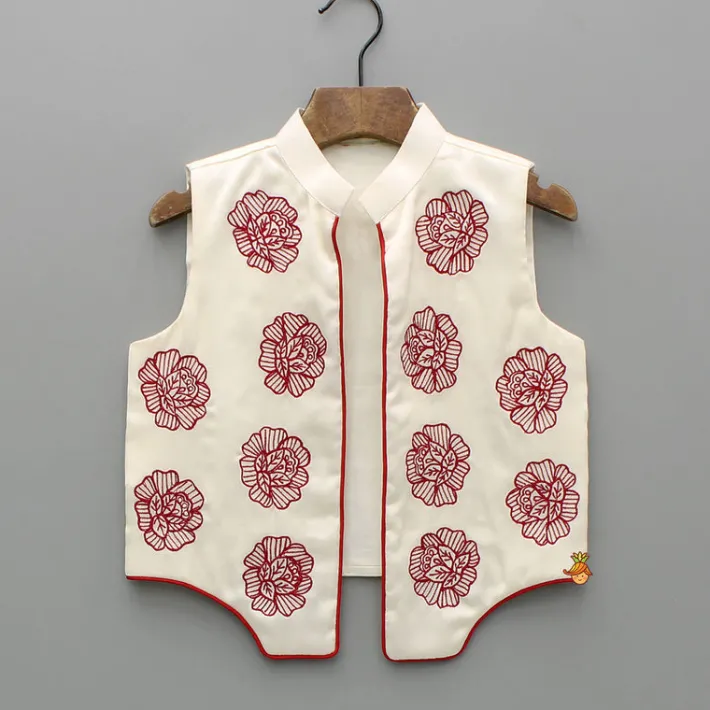 Sale Red Kurta With Embroidered Front Open Jacket And Pyjama BOY Indian Ethnic Wear | Ethnic Sets