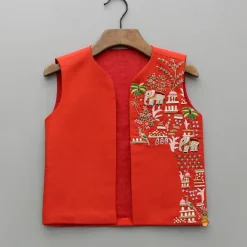 Sale Red Kurta With Embroidered Front Open Jacket And Pyjama BOY Indian Ethnic Wear | Ethnic Sets