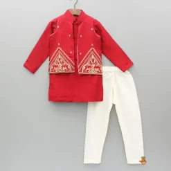 Online Red Kurta With Front Open Embroidered Jacket And Churidar BOY Twinning Sets | Indian Ethnic Wear