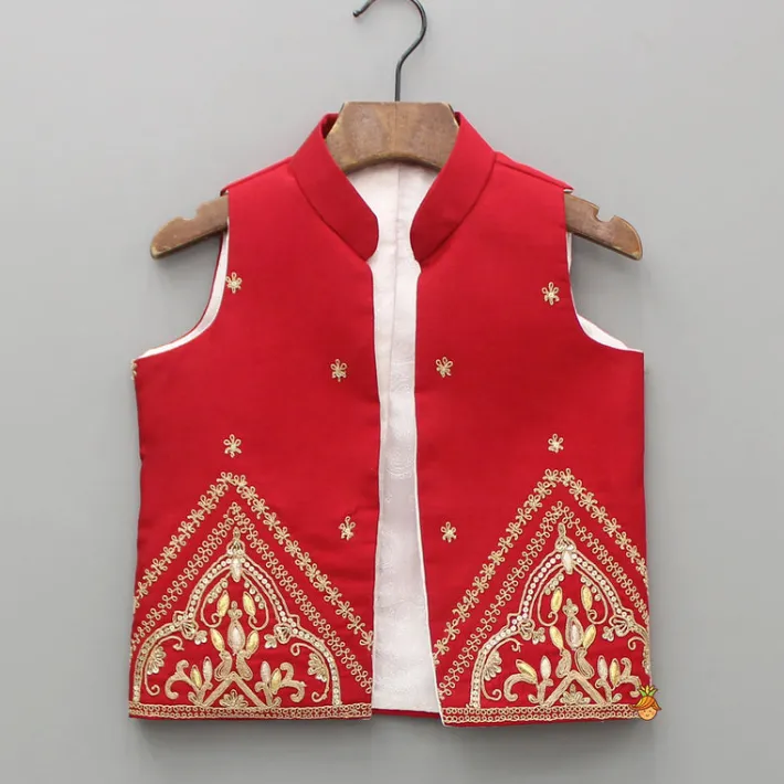 Online Red Kurta With Front Open Embroidered Jacket And Churidar BOY Twinning Sets | Indian Ethnic Wear