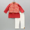 Hot Red Kurta With Ikkat Printed Jacket And Pyjama BOY Indian Ethnic Wear | Ethnic Sets
