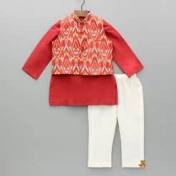 Hot Red Kurta With Ikkat Printed Jacket And Pyjama BOY Indian Ethnic Wear | Ethnic Sets