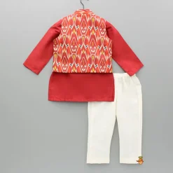 Hot Red Kurta With Ikkat Printed Jacket And Pyjama BOY Indian Ethnic Wear | Ethnic Sets