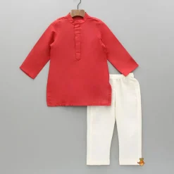 Hot Red Kurta With Ikkat Printed Jacket And Pyjama BOY Indian Ethnic Wear | Ethnic Sets