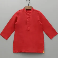 Hot Red Kurta With Ikkat Printed Jacket And Pyjama BOY Indian Ethnic Wear | Ethnic Sets