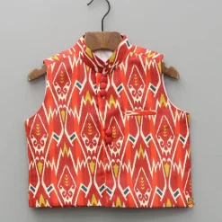 Hot Red Kurta With Ikkat Printed Jacket And Pyjama BOY Indian Ethnic Wear | Ethnic Sets