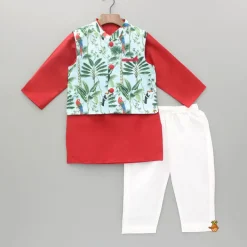 Sale Red Kurta With Jungle Theme Printed Jacket And Pyjama BOY Indian Ethnic Wear | Ethnic Sets