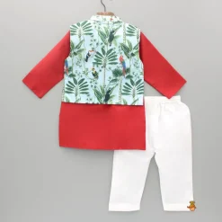 Sale Red Kurta With Jungle Theme Printed Jacket And Pyjama BOY Indian Ethnic Wear | Ethnic Sets