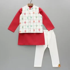 New Red Kurta With Multicolor Embroidered Jacket And Pyjama BOY Indian Ethnic Wear | Ethnic Sets
