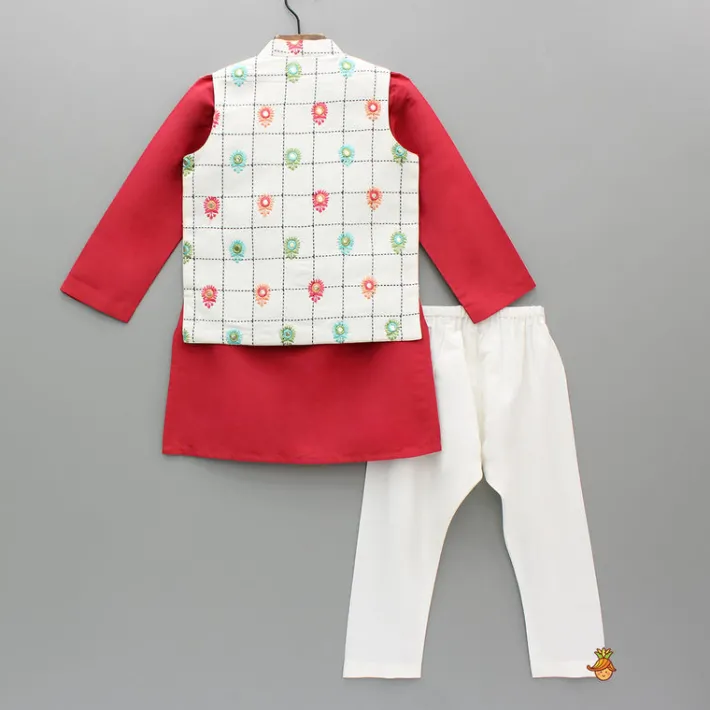 New Red Kurta With Multicolor Embroidered Jacket And Pyjama BOY Indian Ethnic Wear | Ethnic Sets