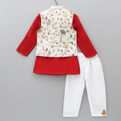 Hot Red Kurta With Off White Floral And Sequins Embroidered Jacket And Pyjama BOY Indian Ethnic Wear | Ethnic Sets