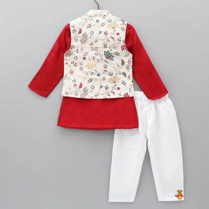 Hot Red Kurta With Off White Floral And Sequins Embroidered Jacket And Pyjama BOY Indian Ethnic Wear | Ethnic Sets