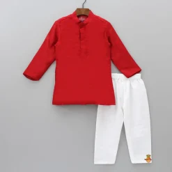 Hot Red Kurta With Off White Floral And Sequins Embroidered Jacket And Pyjama BOY Indian Ethnic Wear | Ethnic Sets