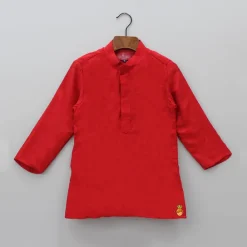 Hot Red Kurta With Off White Floral And Sequins Embroidered Jacket And Pyjama BOY Indian Ethnic Wear | Ethnic Sets
