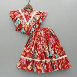 New Red Multicolour Printed Top With Frilly Layers And Lehenga Twinning Sets | Ethnic Wear
