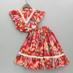 New Red Multicolour Printed Top With Frilly Layers And Lehenga Twinning Sets | Ethnic Wear
