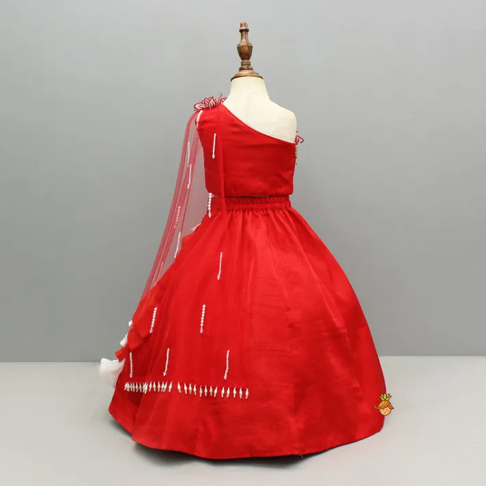 Outlet Red One Shoulder Embellished Top With Attached Dupatta And Stylish Lehenga Ethnic Wear | Lehengas & Ghagras