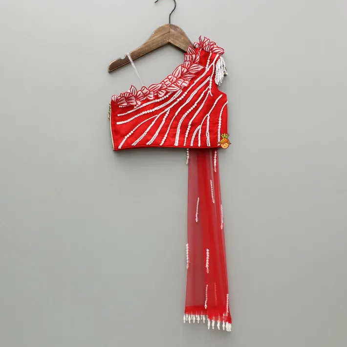 Outlet Red One Shoulder Embellished Top With Attached Dupatta And Stylish Lehenga Ethnic Wear | Lehengas & Ghagras