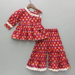 Outlet Red One Shoulder Printed Top And Tiered Sharara Ethnic Wear | Palazzos & Shararas