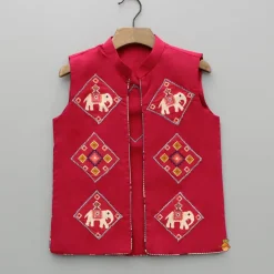 Clearance Red Patola Printed Kurta With Front Open Jacket And Pyjama BOY Twinning Sets | Indian Ethnic Wear