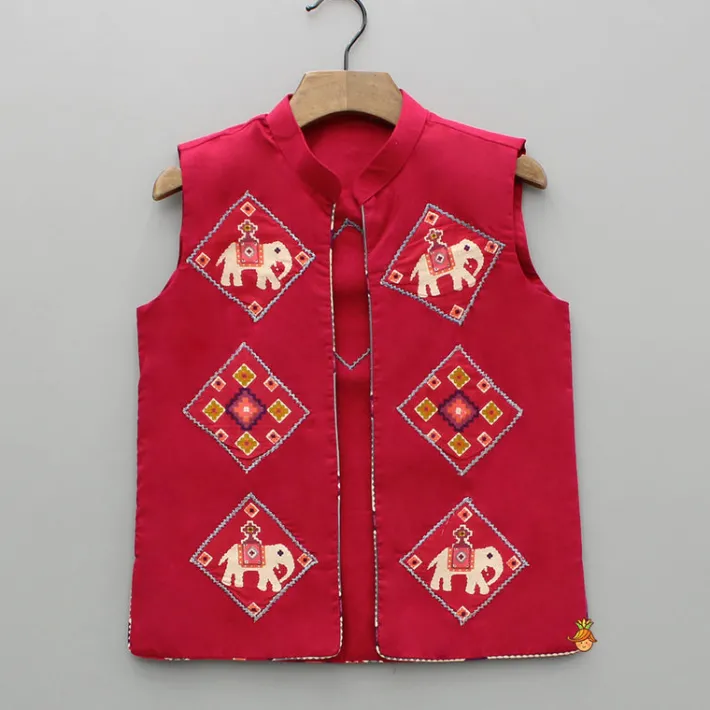 Clearance Red Patola Printed Kurta With Front Open Jacket And Pyjama BOY Twinning Sets | Indian Ethnic Wear