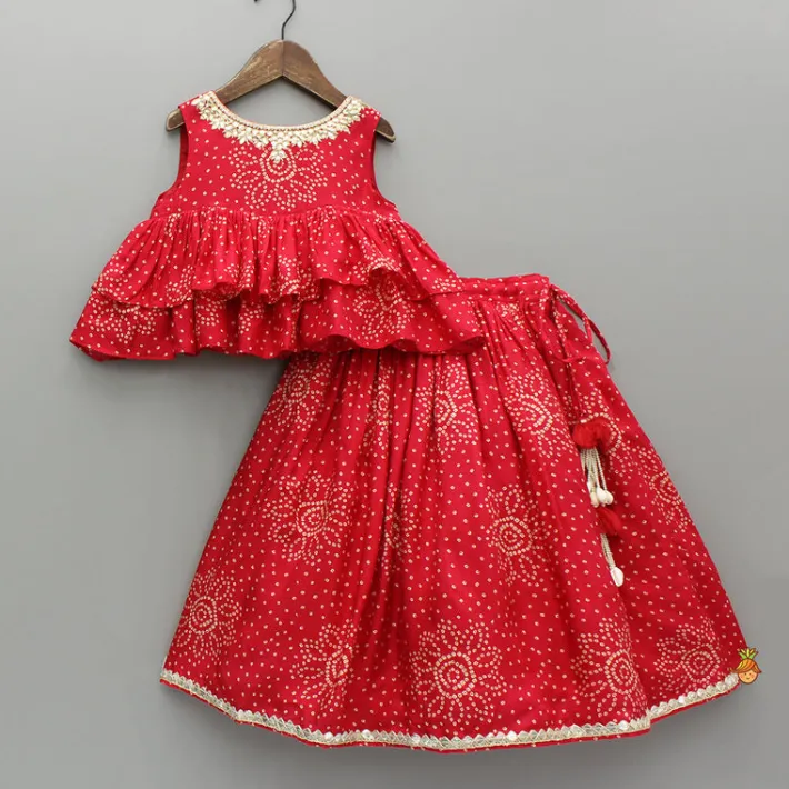 Best Red Printed Embroidered Layered Top And Flared Lehenga Ethnic Wear | Lehengas & Ghagras