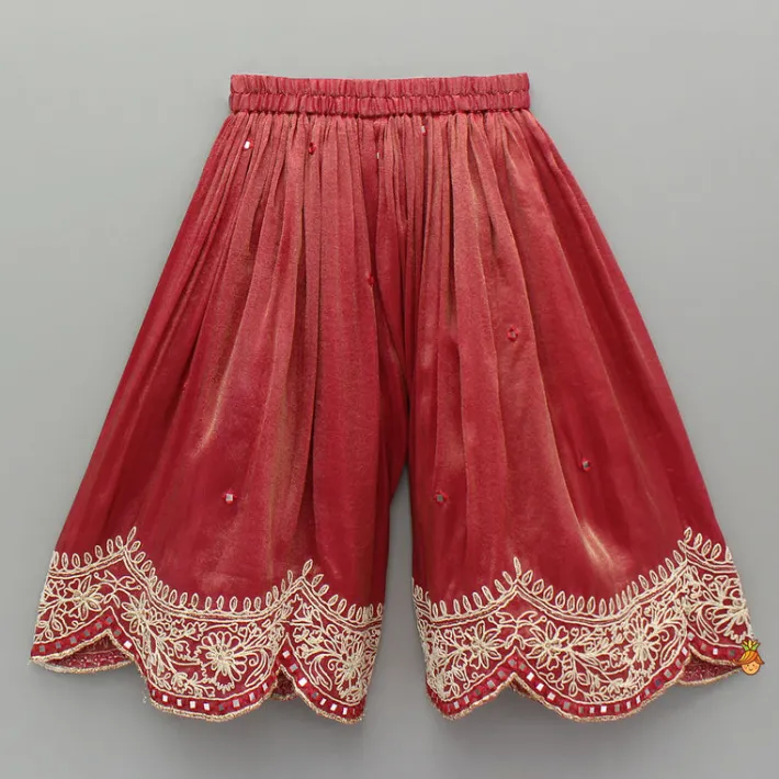 Outlet Red Shimmery Embroidered Strappy Kurti And Flared Palazzo Ethnic Wear | Palazzos & Shararas