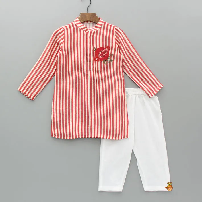 Hot Red Striped Kurta With Embroidered Patch And Pyjama BOY Indian Ethnic Wear | Ethnic Sets
