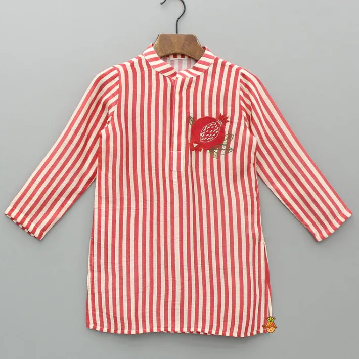 Hot Red Striped Kurta With Embroidered Patch And Pyjama BOY Indian Ethnic Wear | Ethnic Sets